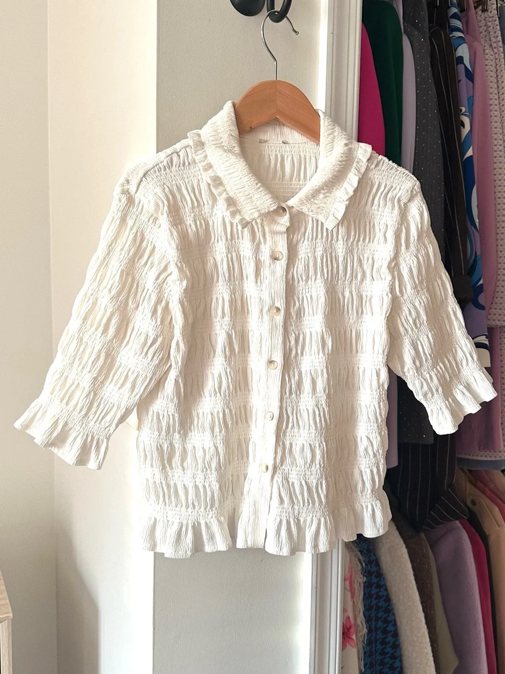 Anthropologie Maeve Off White Smocked Button Blouse